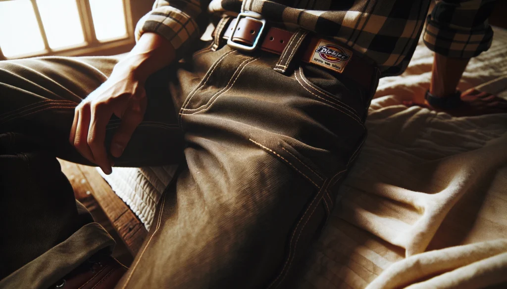 A close-up image of the iconic Dickies 874 work pants, highlighting the sturdy fabric texture, distinct stitching, and the classic fit. The pants are laid out or worn in a way that emphasizes their durability and timeless design, suitable for both work and casual wear. The setting should convey a sense of reliability and versatility, resonating with the essence of a workwear staple that has seamlessly integrated into everyday fashion. The overall tone should be inviting and speak to the high-quality craftsmanship of the garment, capturing the essence of why these pants have become a beloved classic.