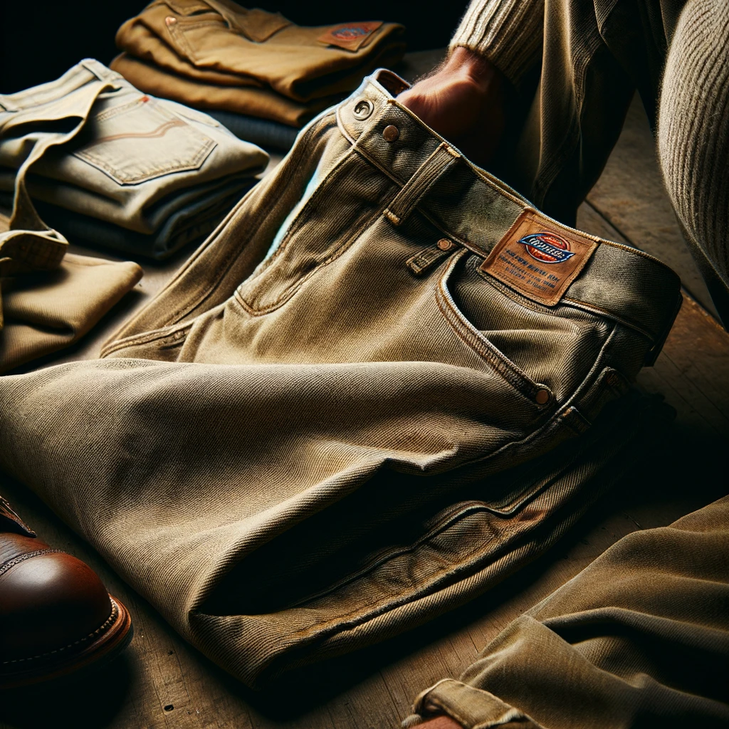 A close-up image of the iconic Dickies 874 work pants, highlighting the sturdy fabric texture, distinct stitching, and the classic fit. The pants are laid out or worn in a way that emphasizes their durability and timeless design, suitable for both work and casual wear. The setting should convey a sense of reliability and versatility, resonating with the essence of a workwear staple that has seamlessly integrated into everyday fashion. The overall tone should be inviting and speak to the high-quality craftsmanship of the garment, capturing the essence of why these pants have become a beloved classic.